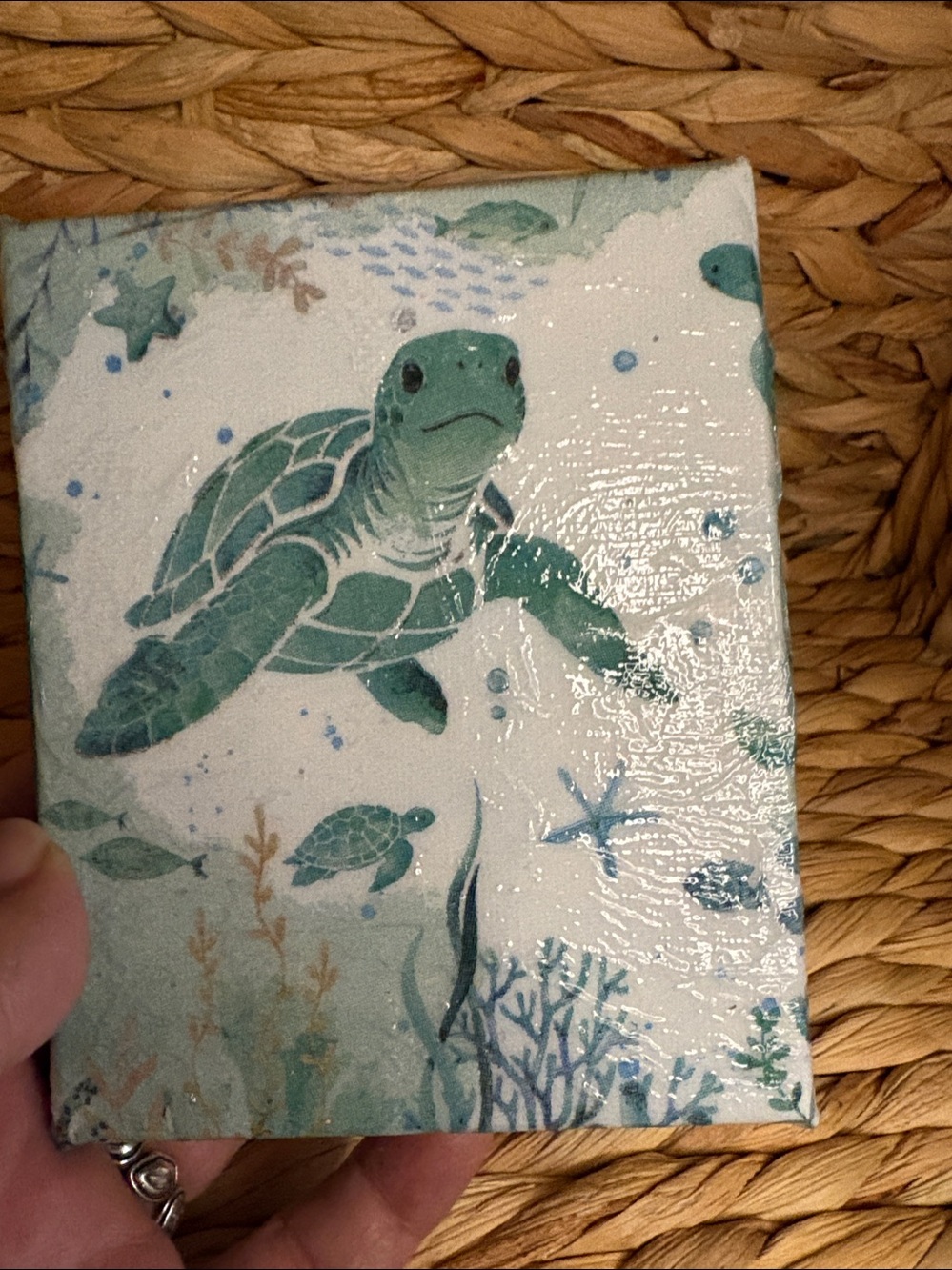 Hand Crafted Sea Turtle Mixed Media canvas in Teal and Aqua
5 inches x 4 inches